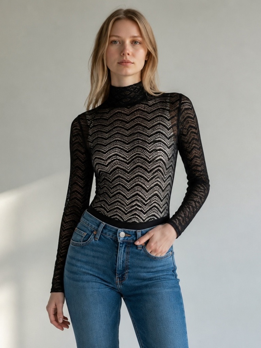 Vici Black Chevron Lace High Neck Long Sleeve Bodysuit